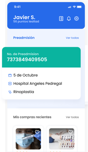 Pantalla de un celular con la aplicación de Angeles Digital Pacientes, mostrando el ejemplo de la cita de un paciente para una cirugía