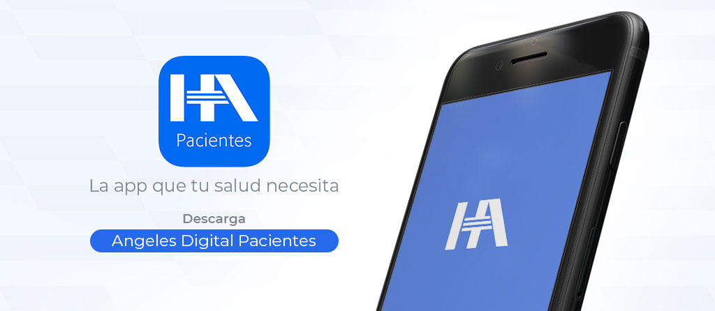 Publicidad de aplicación angeles digital pacientes. Muestra un celular negro y logo de Hospital Angeles en una pantalla azul