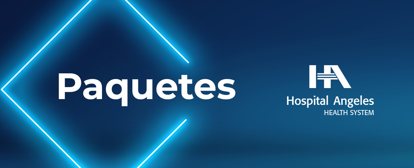 Recuadro azul oscuro con letras blancas de paquetes, rombo azul neón detrás y  logotipo de Hospital Angeles Health System blanco.