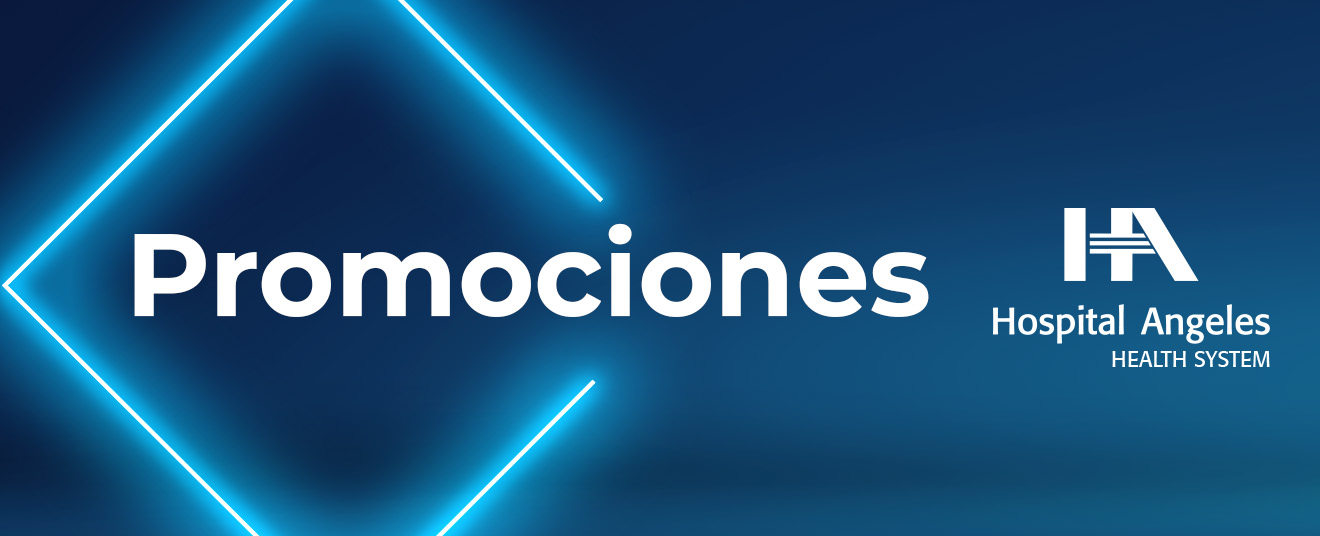 Recuadro azul oscuro con letras blancas de promociones, rombo azul neón detrás y logotipo de Hospital Angeles Health System blanco.