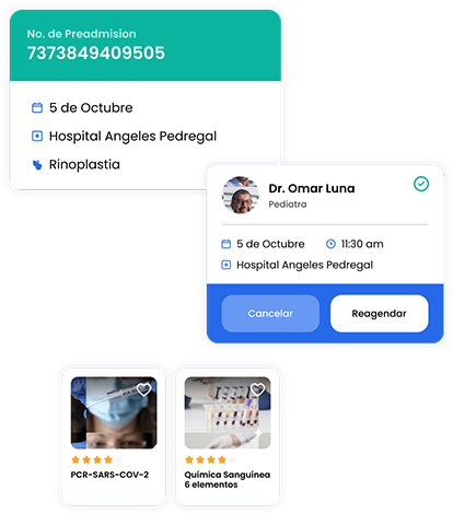 Cuatro recuadros, en el primero se ve una cirugía programada, en el segundo una consulta y el tercero y cuarto muestra servicios 